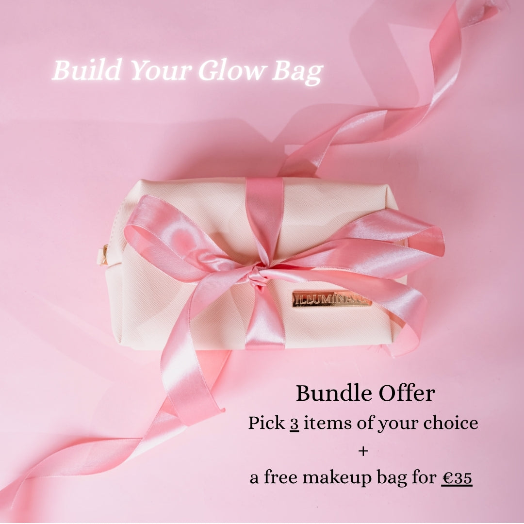 Makeup bag with pink ribbon on a pink background, promotional text for bundle offer.